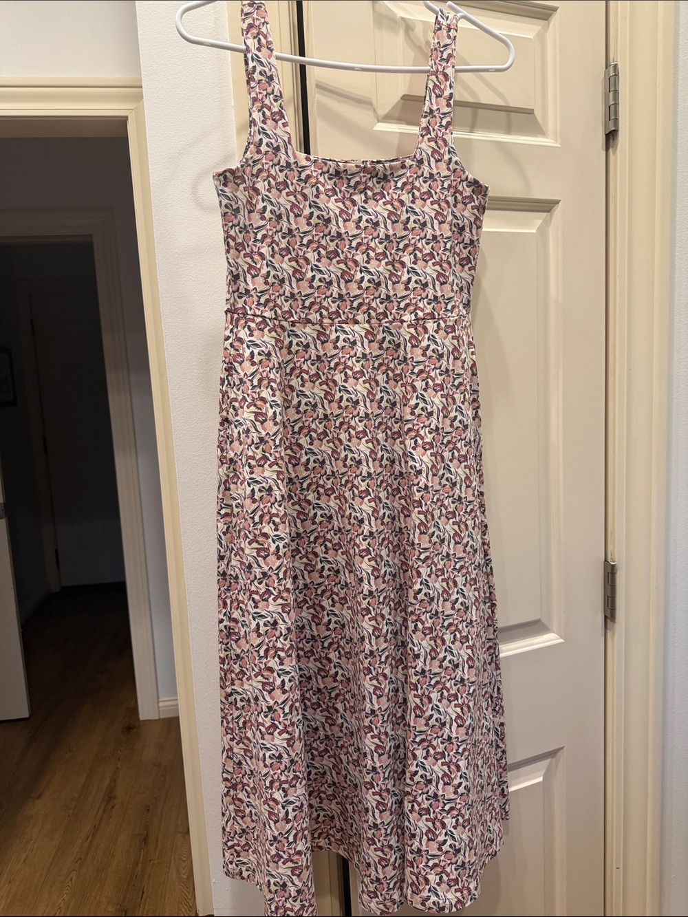 Pact Organic Cotton Floral Square-Neck Midi Dress in Pink